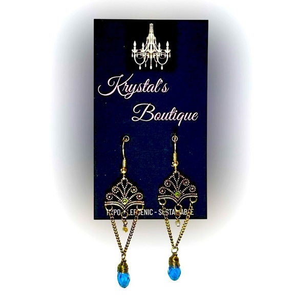Antique Gold Blue Gemstone Green Crystal Teardrop Dangle Earrings Hand Crafted - Picture 3 of 9